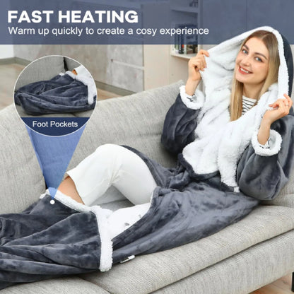 Heated Blanket with Sleeves Hood and Foot Pocket Flannel 10 Heating Levels Electric Wearable Blanket with 3 Time Settings