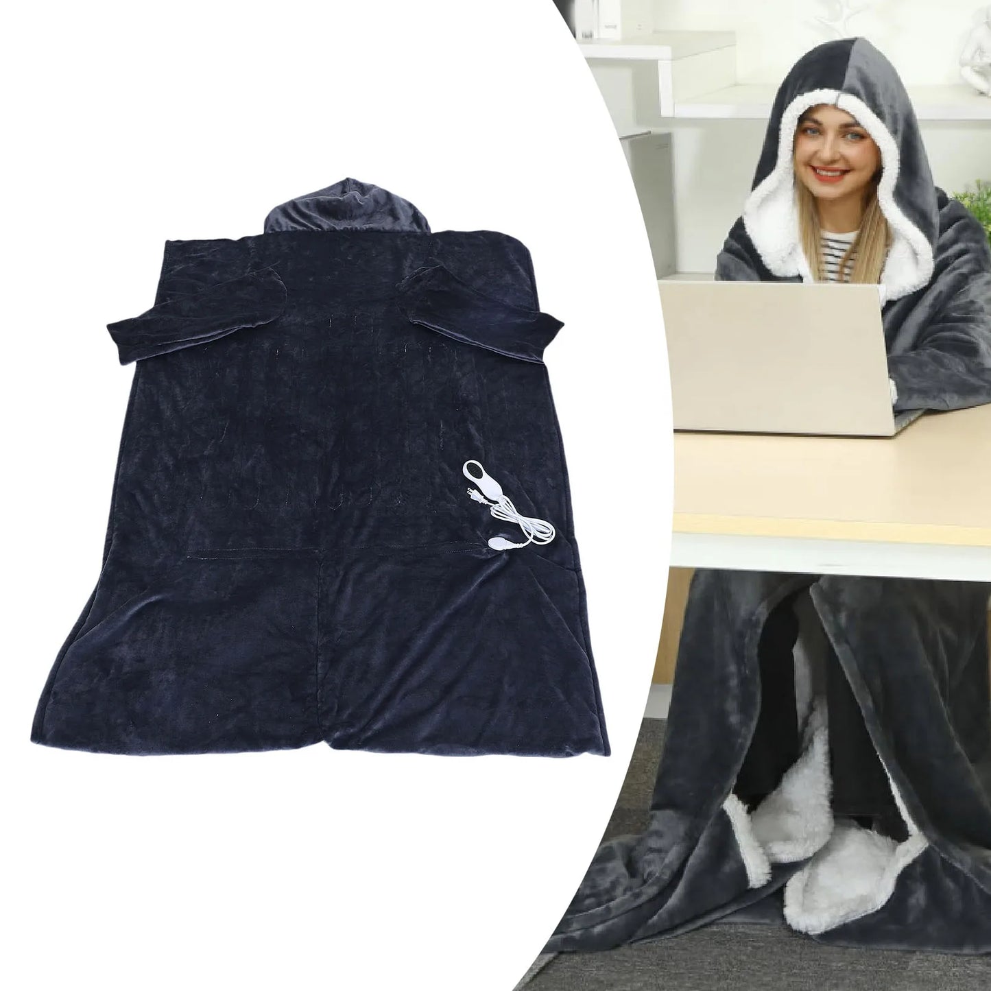 Heated Blanket with Sleeves Hood and Foot Pocket Flannel 10 Heating Levels Electric Wearable Blanket with 3 Time Settings